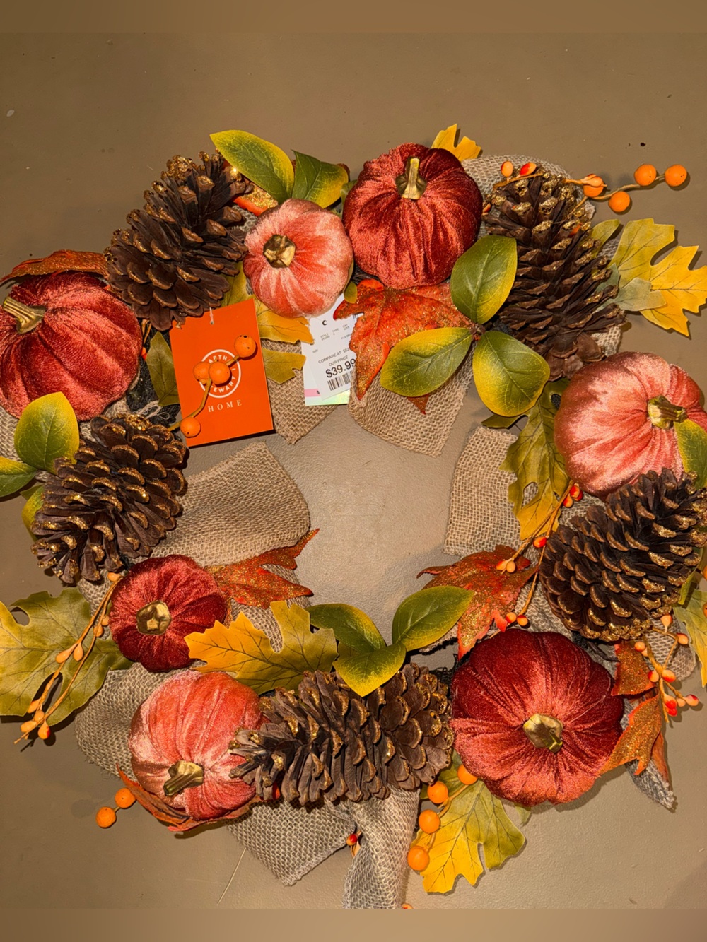 Autumn Pumpkin & Pinecone Fall Wreath - Orange, Brown, Green